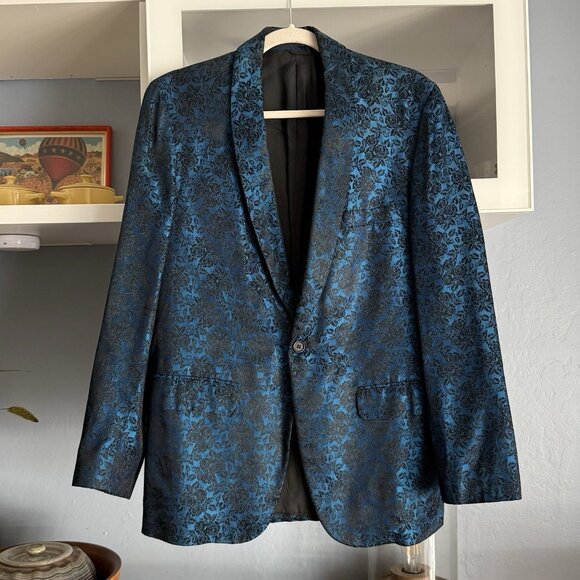 Vintage 60’s Blue Black Floral Jacquard Tuxedo Blazer Jacket 40” Chest - Picture 1 of 5
